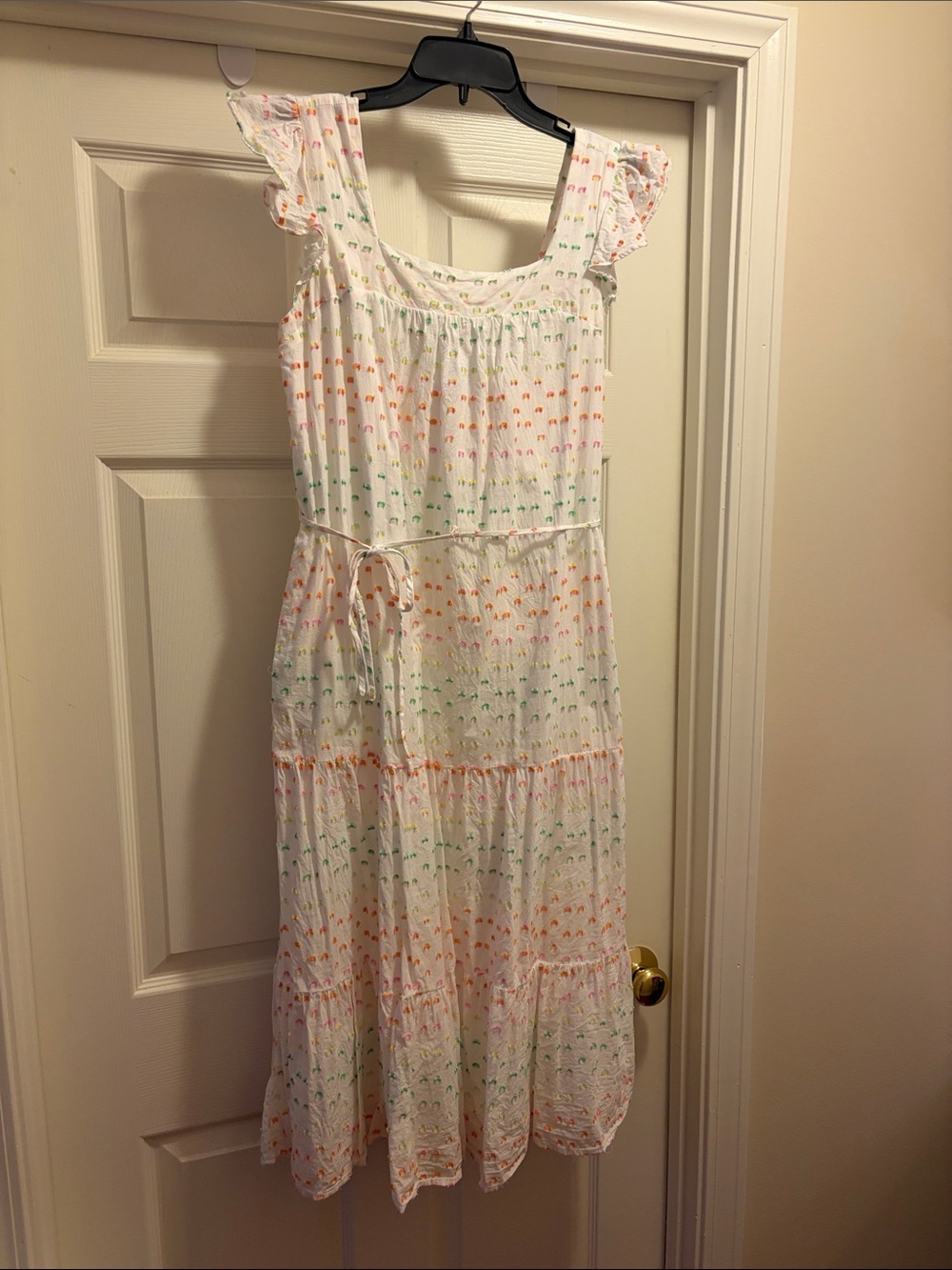 Draper James White Sundress with Pink, Yellow and Green Dot Embroidery